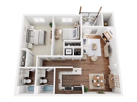 A top-down view of a well-organized apartment with a kitchen, living room, and bedrooms.